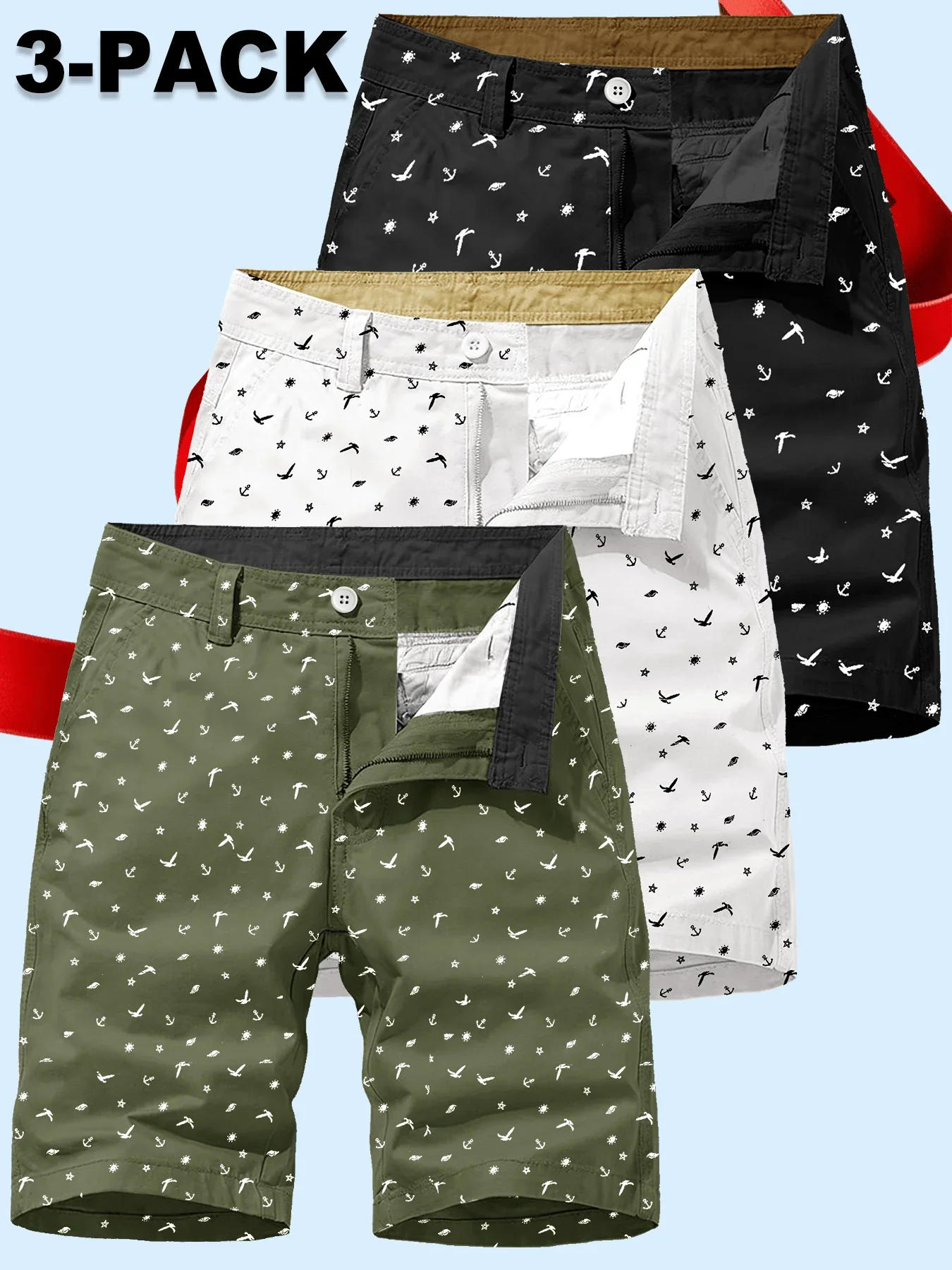 

3-Pack Mens Summer Casual Printed Shorts With Button Fly And Color Block Waistband