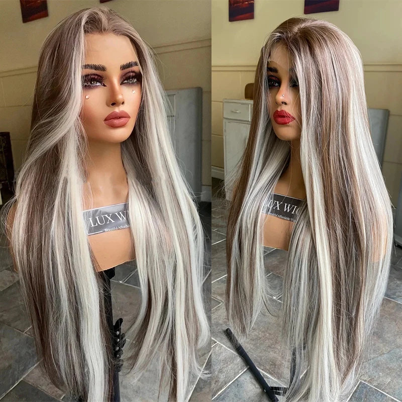 Premium Fiber Synthetic Lace Front Wig Platinum Blonde Dark Brown Highlights Lace Wig 30 inches Straight Long Blonde Wig Cosplay