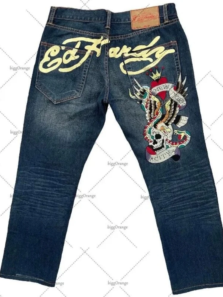 Jeans da uomo streetwear Y2K pantaloni in denim vintage a gamba dritta teschio rosa design con stampa fiamma vestibilità ampia moda retrò punk hip hop