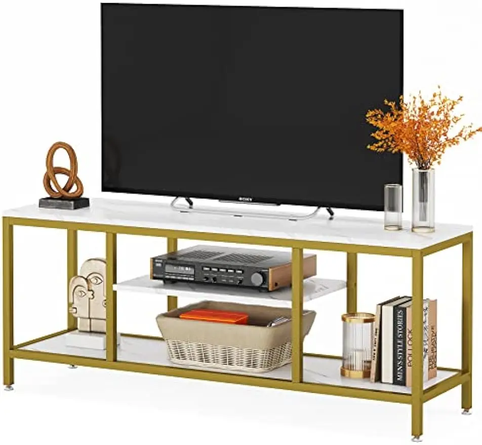 Mesa Console com Prateleiras de Armazenamento Aberto, TV Stand, Gabinete de Entretenimento para Sala de Estar, 65 na TV, 59 pol, 3 camadas