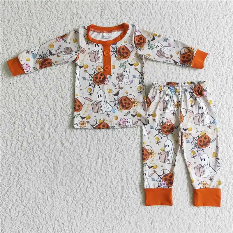 Kids Halloween Pumpkin Girl Horror Nightwear Children Ghost Candy Long Sleeve Set Flower Pants Wholesale Outfit Toddler Pajamas