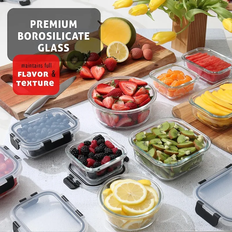 Glass Food Storage Containers - Microwave Oven Freezer Safe Food Kitchen Storage Containers with Lids Leakproof Airtight