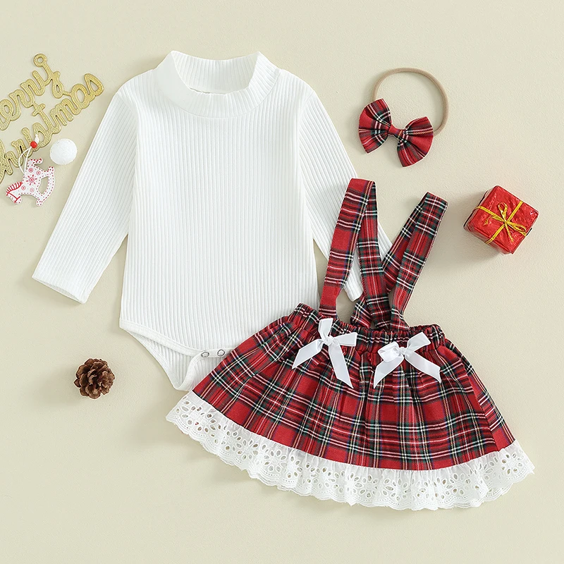 Recém-nascido Manga Longa Romper, Lace Hem Suspender Saia, Headband Roupas Set, Baby Girls Natal Roupas, 23, 09, 25