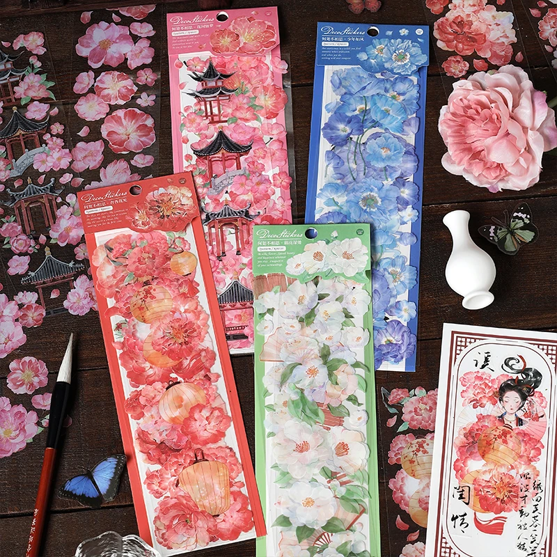 6Sheets Chinese style PET Flat Flowers Stickers Aesthetic Journal Notebook Junk Journal Supplies Diy Korean Stationery Sticker