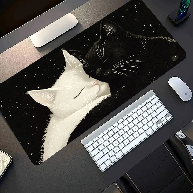 Gaming mousepad with black white cat starry night is anti-slip and washable. The large keyboard surface is suitable for PC