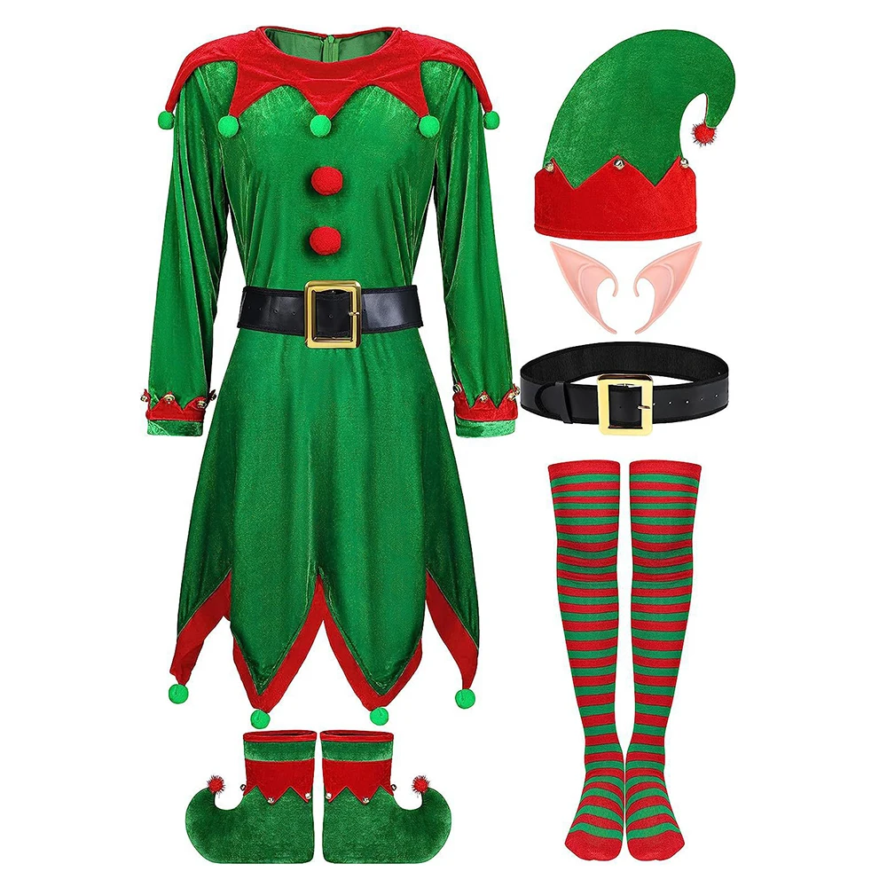 Kostium Elfa dla dorosłych Damski świąteczny kostium Świętego Mikołaja Zielony Elf Cosplay Pełny zestaw strojów Karnawał Impreza Fancy Dress Xmas Elf Clothes Set