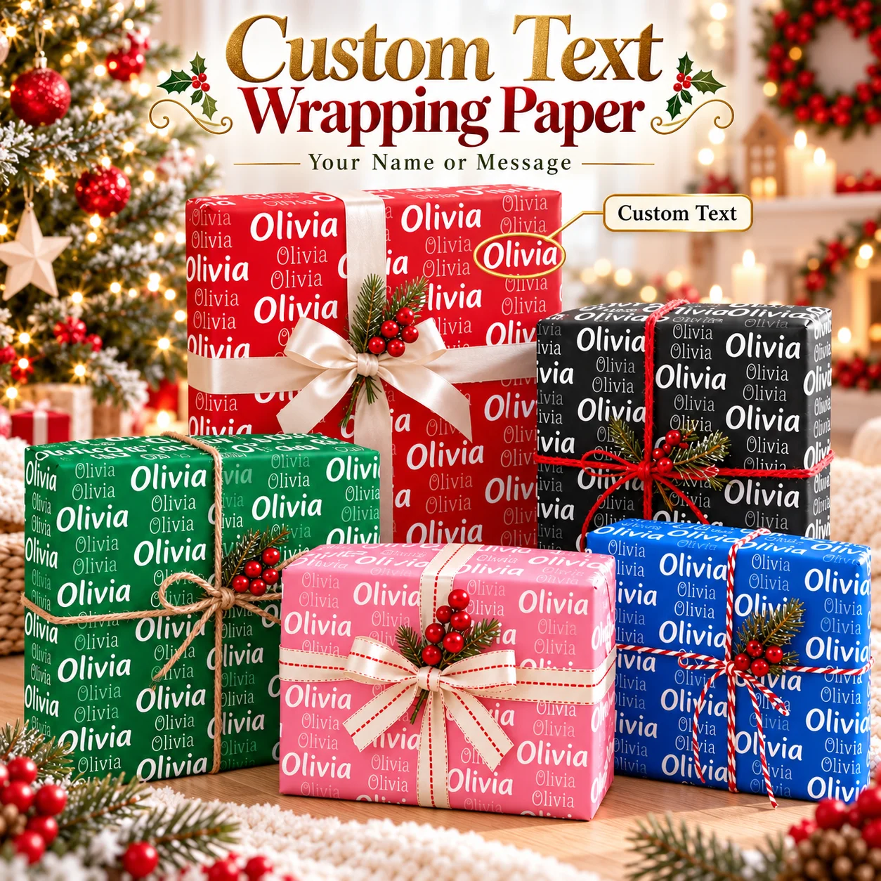 Custom Name Gift Wrapping Paper Personalized Text Wrap in Five Colors for Christmas Birthday Weddings Parties and Special Events