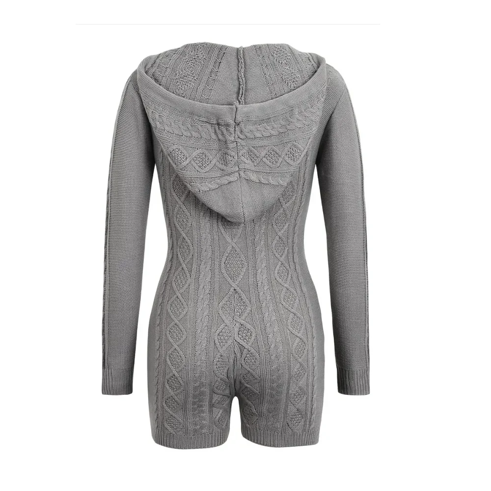 Women\'s Casual Solid Knitted Hooded Jumpsuit Homewear