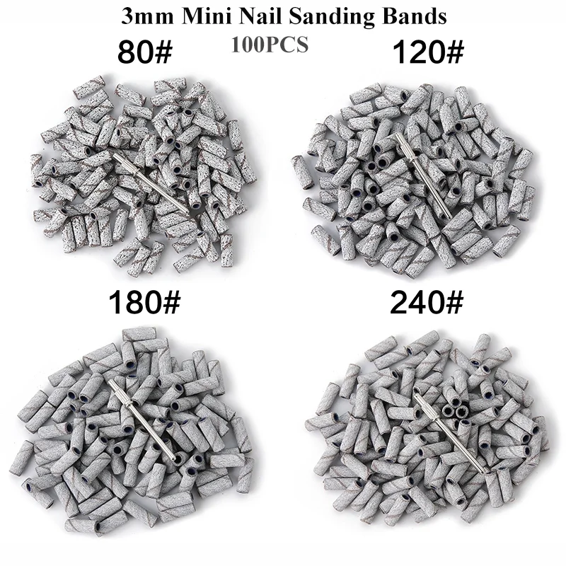 100 pz/scatola 3mm Mini Fasce Abrasive Con Mandrino Set Per Pelle Morta Callusese Lucidatura Punte da Trapano Elettrico per Unghie Strumento per Manicure