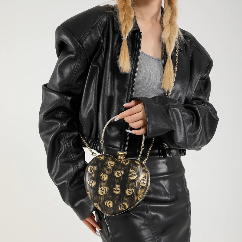 الاكريليك شكل قلب الهيكل العظمي مساء مخلب المحفظة القابلة للإزالة سلسلة حزام حقيبة كتف الموضة الجمجمة حقيبة صغيرة حقيبة المتشرد شيك