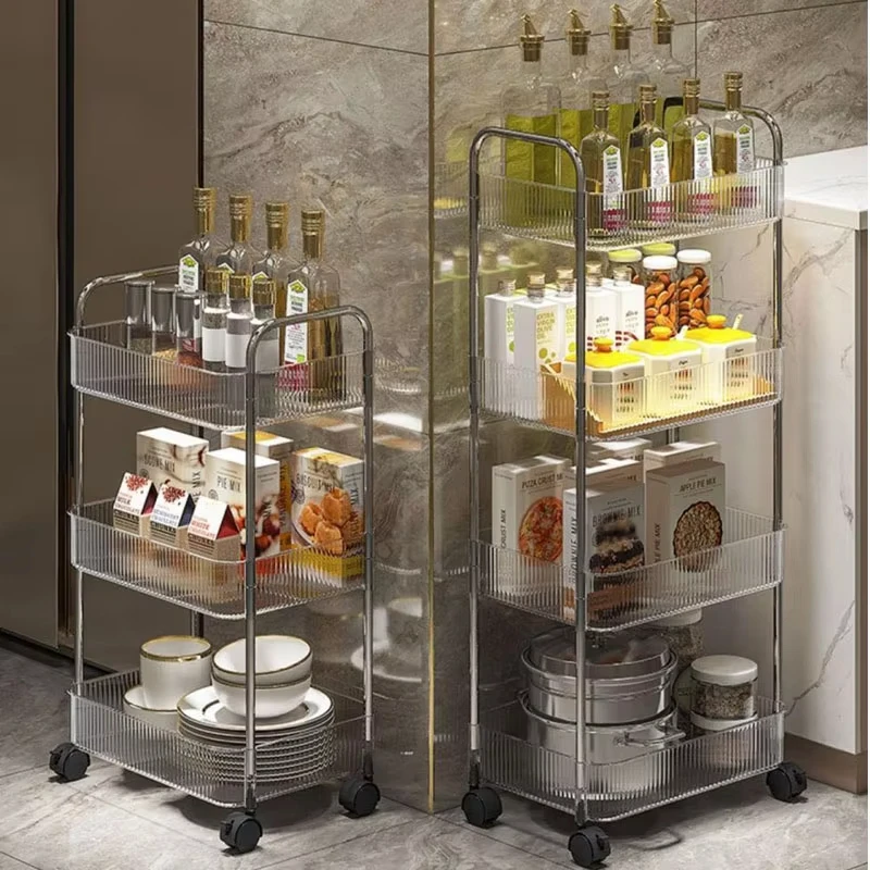 2/3/4 Tiers Mobile Shelf Transparent Acrylic with Wheel Storage Rack for Snacks Cosmetic Sundries Rolling Cart Trolley Organizer