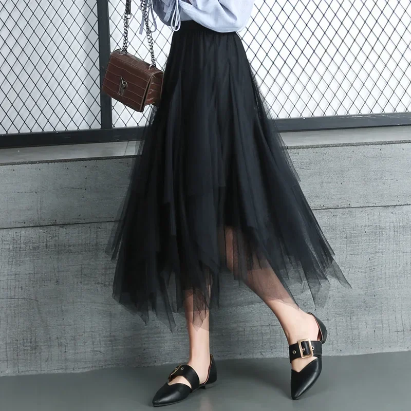 Dark Irregular Tulle Skirt Women Summer High Waist Skirt Up Party Petticoat Fashion Casual Style New Goth