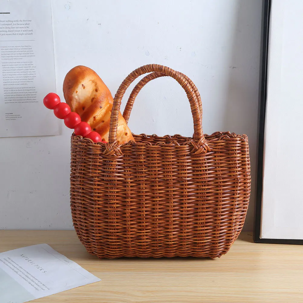 

1Pcs Handheld Basket Premium Plastic Woven Design Natural Brown Tote for Fruit Flower Storage Picnic Outdoor Garden Home Decor