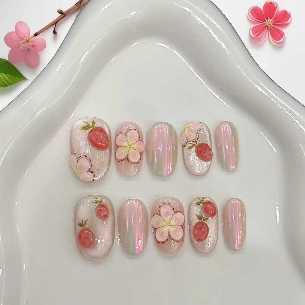 

10PCS [Strawberry Bobo] 3D Hand-Sculpted Strawberry Floral Short Press-On NailsWith 4-PIECETools Super-Strong Nail AdhesiveTabs