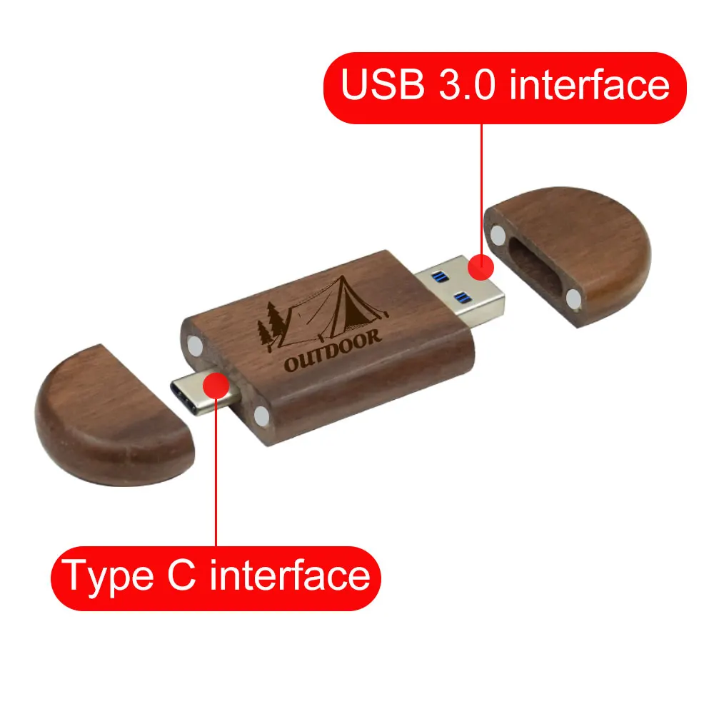 2 في 1 TYPE-C USB3.0 محرك فلاش 128G شعار مخصص مجاني محرك القلم 64G Cle عصا الذاكرة الخشبية 32 جيجابايت 16 جيجابايت 8 جيجابايت هدية الزفاف الإبداعية