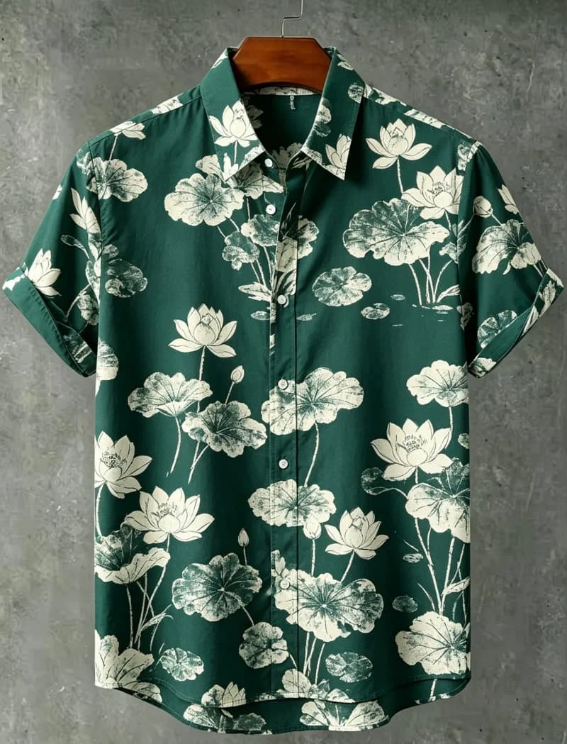 Men's Nature-Inspired Floral And Leaf Print Casual Shirt, Breathable Top For Summer Vacation Party Travel And Daily Wear