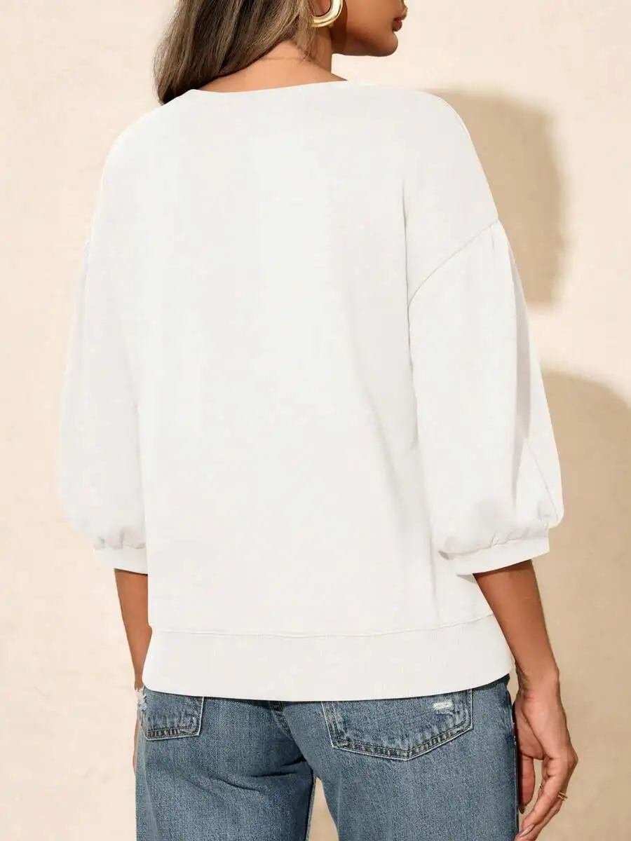 

Womens Puff Sleeve Crewneck Sweatshirt Loose Fit Cropped Pullover Soft Fleece Casual Top