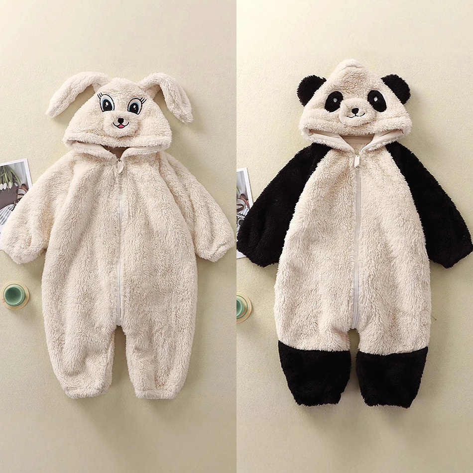 

Детские плюшевые комбинезоны с капюшоном и кроликом, пандой, милые теплые боди для новорожденных, домашняя одежда, мягкие пижамы унисекс для девочек и мальчиков для малышей