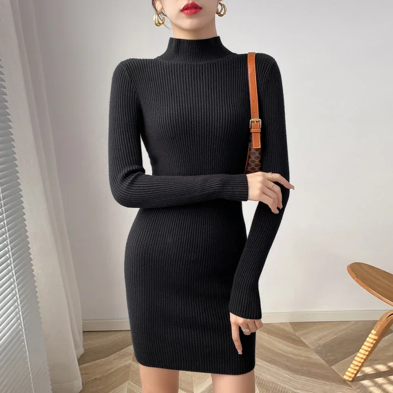 Nowa seksowna mini sukienka dla kobiet jesień czarny jednolity kolor półgolfem prążkowana codzienna sukienka podstawowa eleganckie sukienki imprezowe typu bodycon
