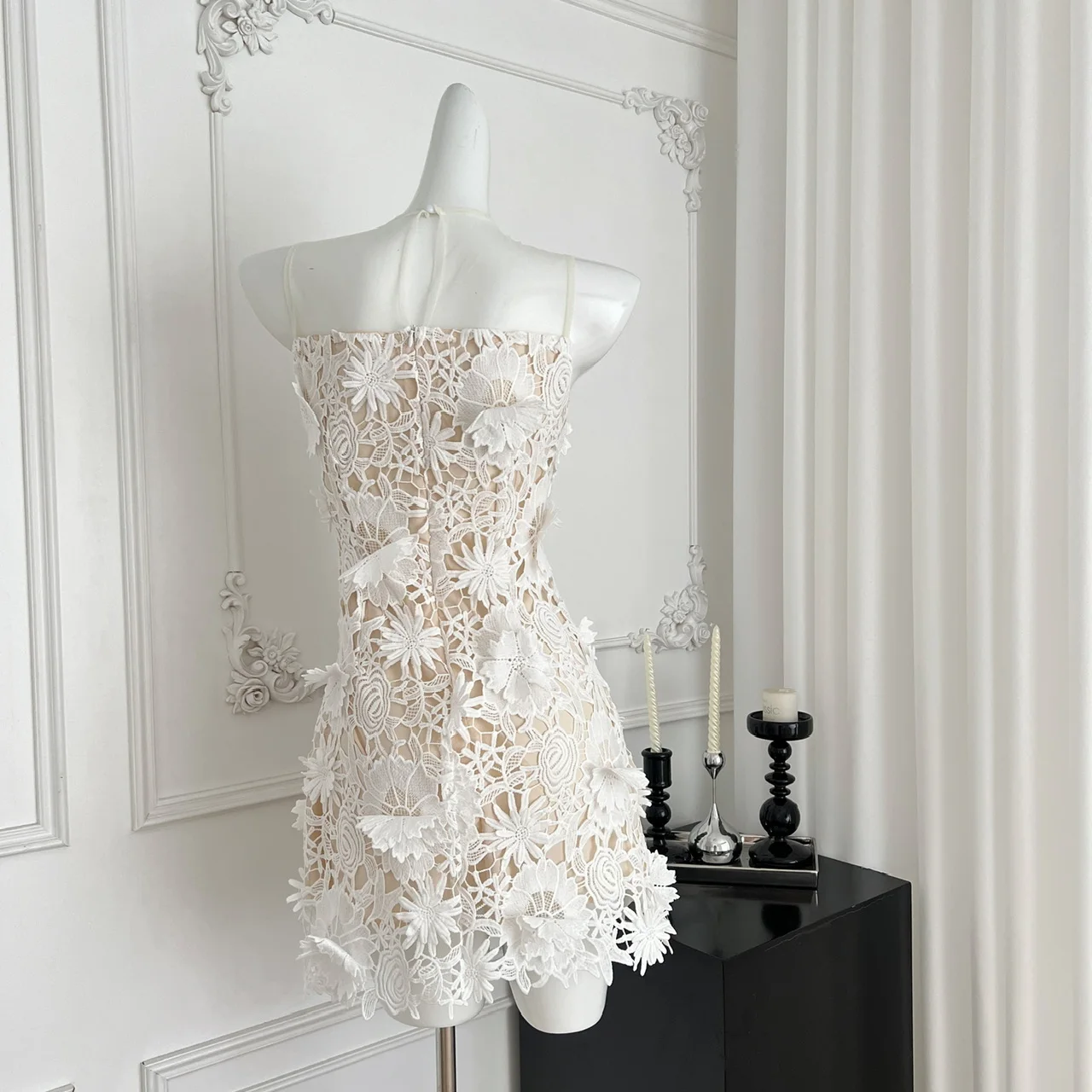 ผู้หญิง Elegant ไข่มุก O คอ 3d ดอกไม้ Slim Mini Dress Lady Gauze Patchwork ดอกไม้ชุดราตรีสั้นชุด