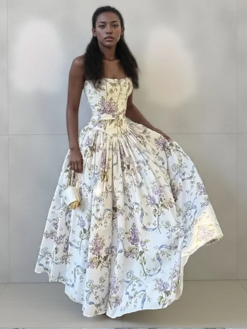 Chic Blume Drucken A-line Maxi Kleid Frauen Elegante Hohe Taille Liebsten Backless Schlank Vestidos Dame Sommer Urlaub Roben LIX8