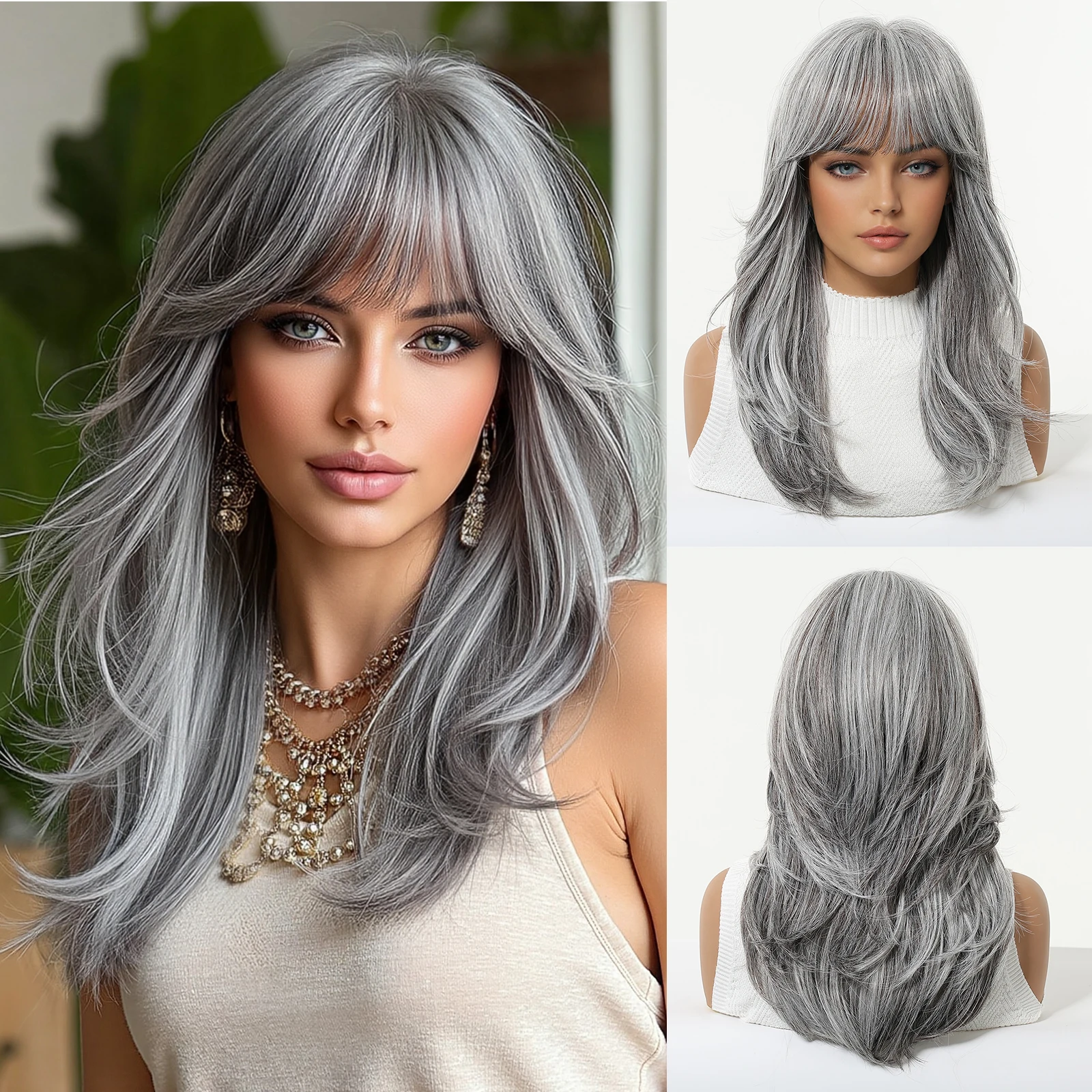 

Gradient Silver Gray Layered Wig with Bangs Long Straiaght Synthetic Wig for Women Natural Heat Resistant Daily Party Use