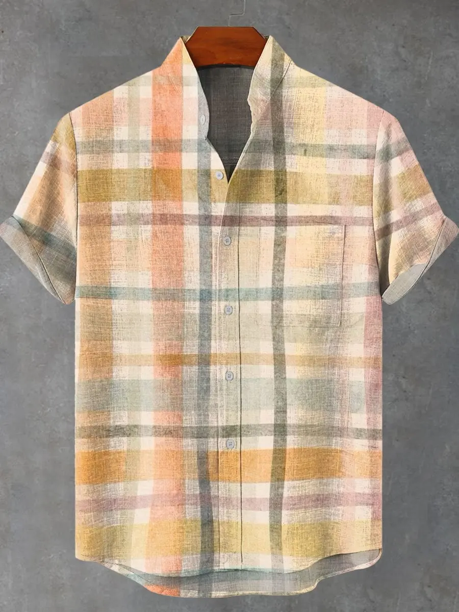 2025 Men's New Hot Selling Cool Checkered Pattern Printed Summer Comfortable Linen Short Sleeved Shirt Men's Casual Button Top
