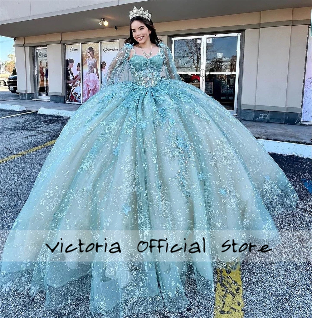 Amazing Butterfly Lace Apppliques Quinceanera Dresses With Cape Ball Gown Sweet Sixteen Dress Wedding Gowns vestido Customized