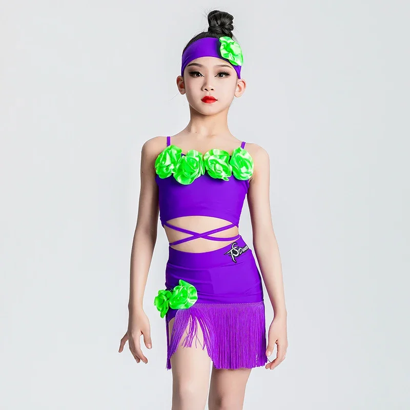 Tanz Performance Kostüm Praxis Tragen Mode Latin Dance Kleidung Lila Latin Dance Top Quasten Röcke Mädchen Latin