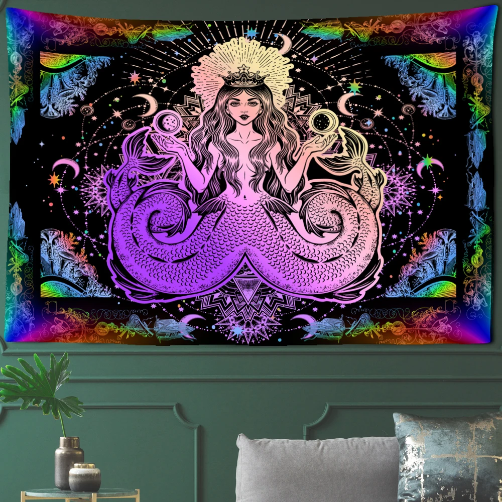 Mermaid Tapestry Wall Hanging Psychedelic Witchcraft Good Luck Bohemian Hippie Art Mattress Studio Room Home Decor