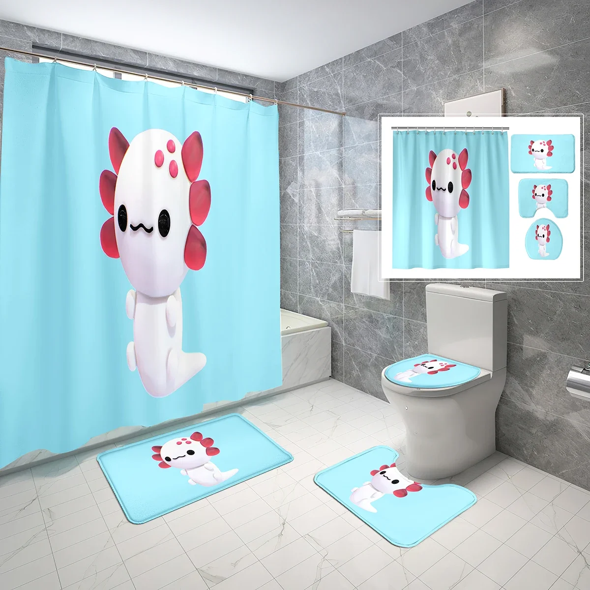 4 Pcs Cartoon Animal Theme Marine Life Axolotl Shower Curtain Bathroom Non-Slip Bath Mat Toilet Cover Shower Curtain Set