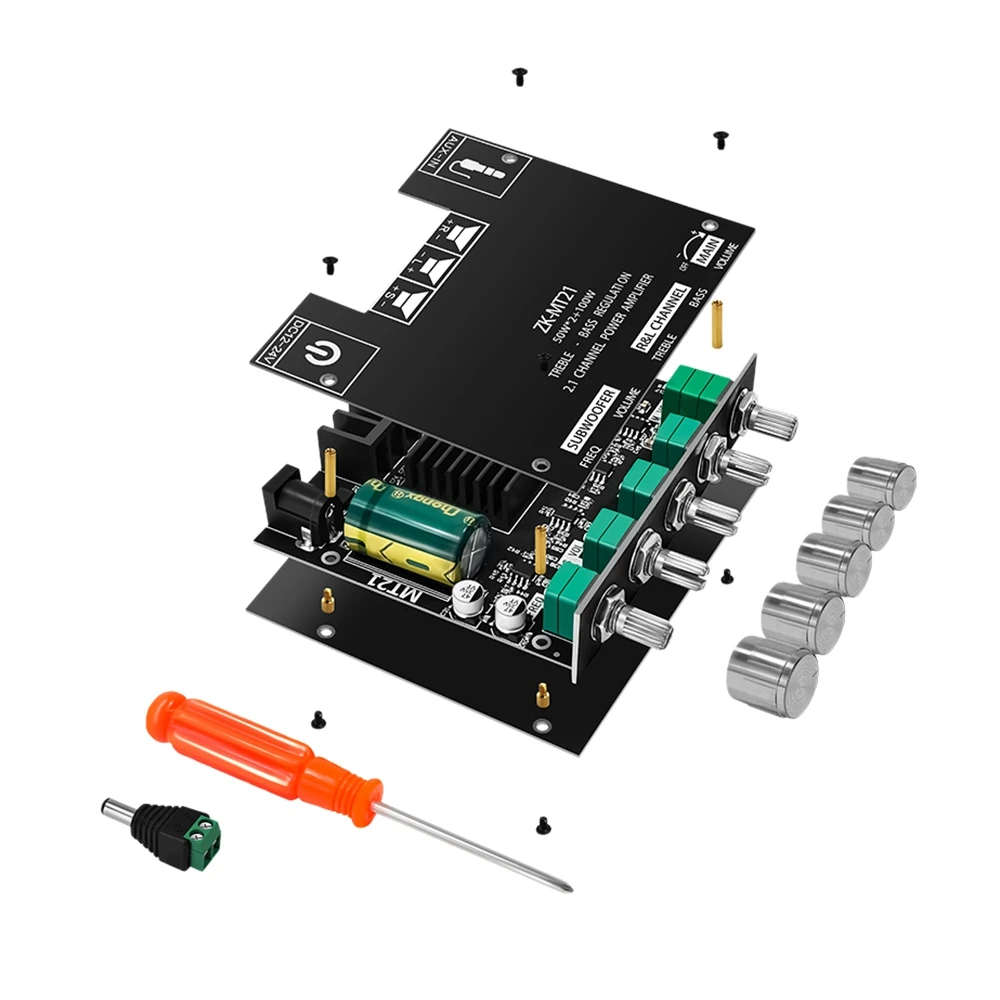

ZK-MT21 плата цифрового усилителя мощности 50 Вт x2 + 100 Вт 2,1 канала AUX + BT5.0, Плата усилителя мощности с высоким и низким тоном и супер басами