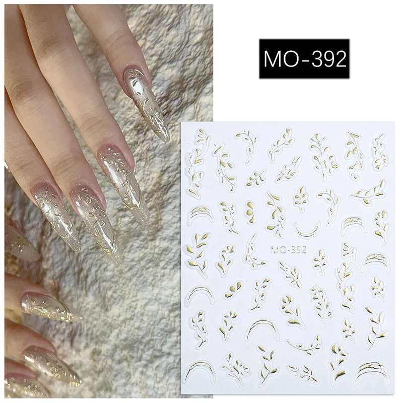 3D Gilded Leaf Nail Stickers, Transferência Slider, Nail Art Decoração, decalques para beleza, cola traseira