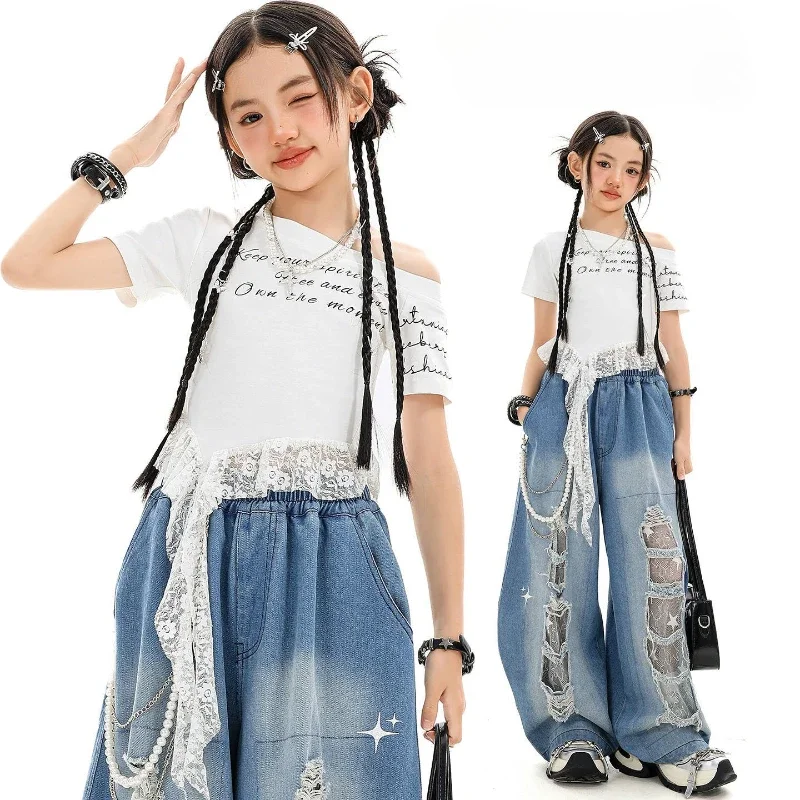 

Girls Street Dance Costumes White Top Ripped Denim Pants Ballroom Practice Clothes Set Group Kpop Performance Stage Show Outfits