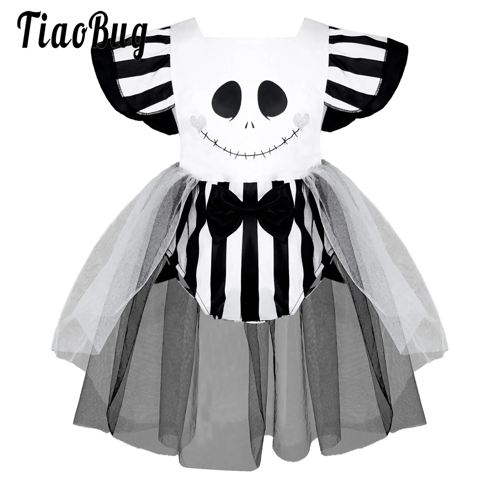 Infant Baby Girls Ghost Cosplay Halloween Costumes Tulle Romper Dresses with Skull Face Skeleton Print Suit Role Play Dress Up