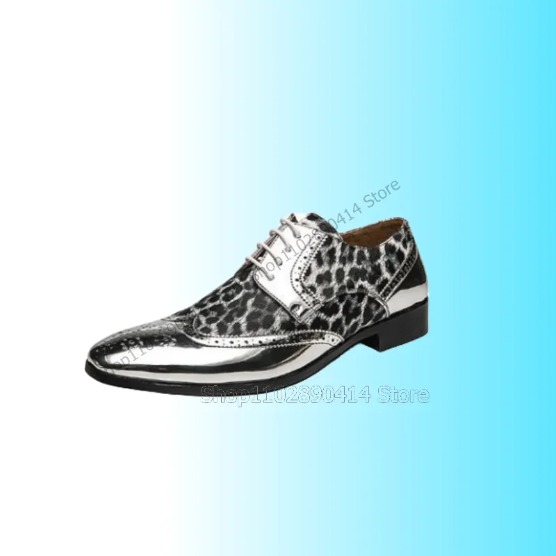 

Silver Leopard Print Carving Design Strappy Men Shoes Fashion Lace Up Male Shoes Luxury Handmade Party Office Men Casual Shoes