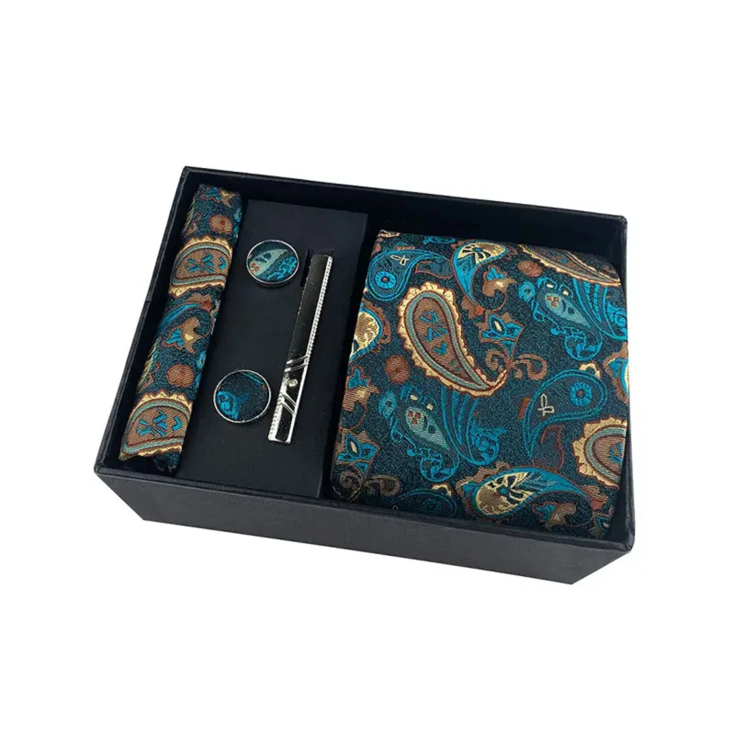 Men's Paisley Tie Set: Tie, Square Scarf, Cufflinks, Tie Clip in Black Gift Box