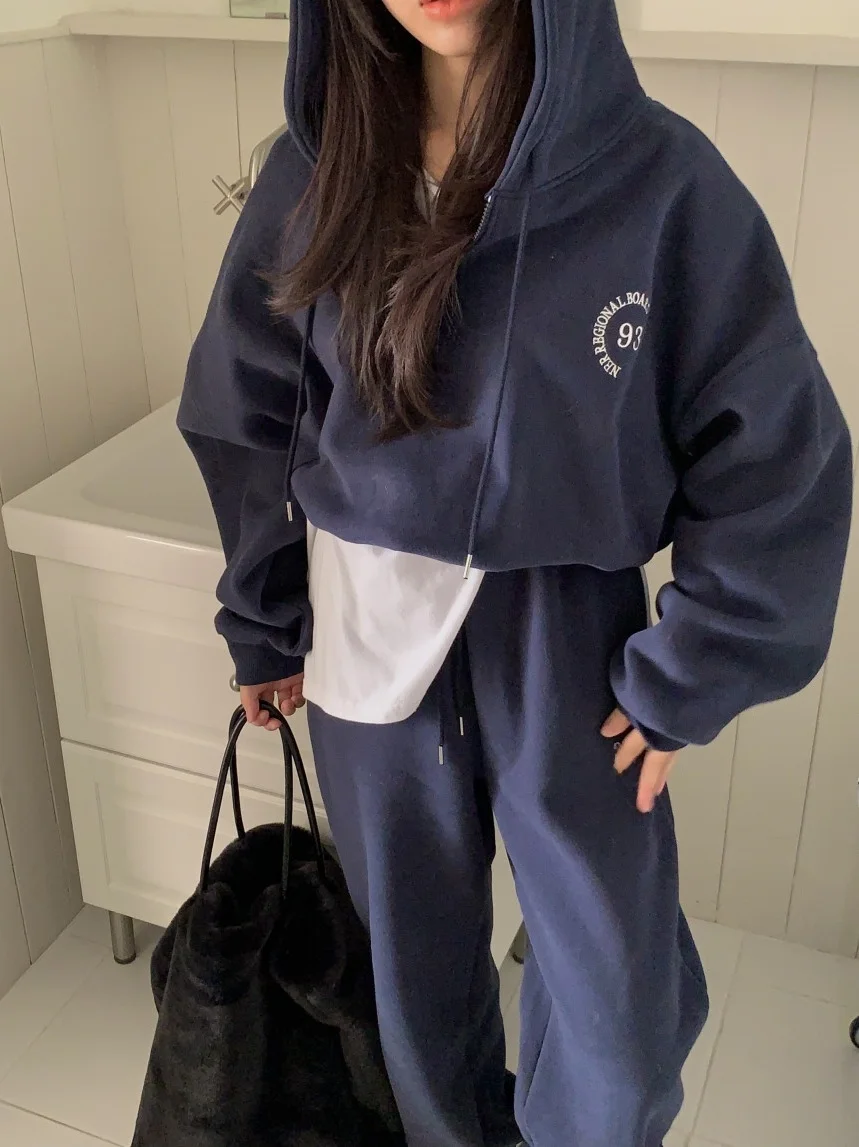 

Женский комплект: худи с буквенным принтом и повседневные брюки с завышенной талией, свободного кроя, на молнии, универсальные брюки для молодежи