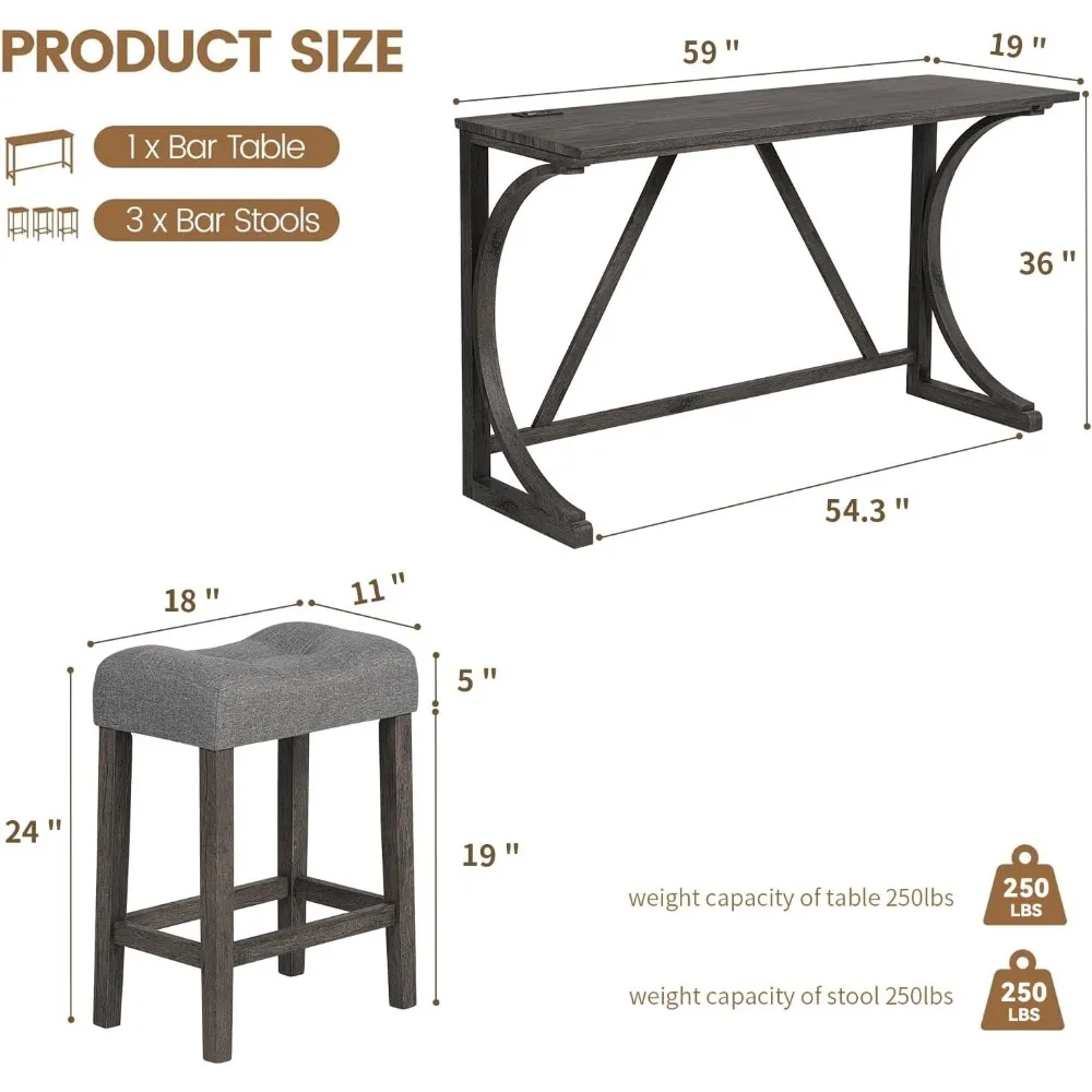 Industrial Bar Table Set with Power Outlet Breakfast Table Behind Couch Table withPadded Stools for Kitchen Living Room Dining