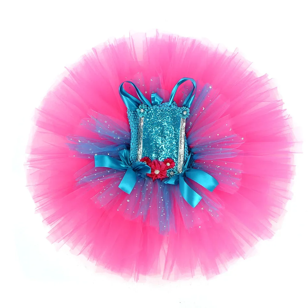 Trolls Tutu Dress for Girls Princess Poppy Birthday Costumes for Kids Magic Elves Halloween Dresses Girl Fairy Flower Outfits