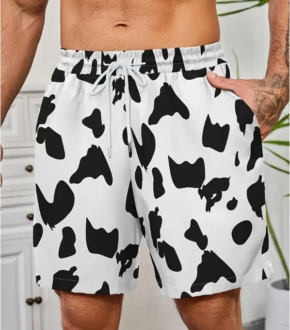 Summer Fashion New Style Cow Print Men\'s Casual Comfy Drawstring Shorts With Pockets For Summer Outdoor And Beach Comfort Shorts