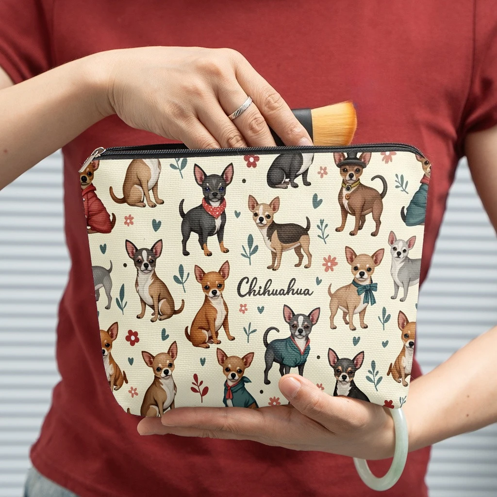 Cute Chihuahua Dog Floral Print Cosmetic Bag Zipper Makeup Pouch Portable Travel Toiletry Storage Bag Dog Lover Gift for Women
