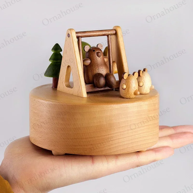 Creative Wooden Music Box Decorations Little Bear Swinging Swing Music Box Wooden Crafts Birthday Gift Decorations Decoration