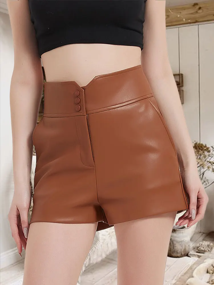 

Giolshon 2022 Spring Women Faux Leather Shorts Vintage High Waist Female Shorts All-Match Solid Color Loose Casual PU Shorts