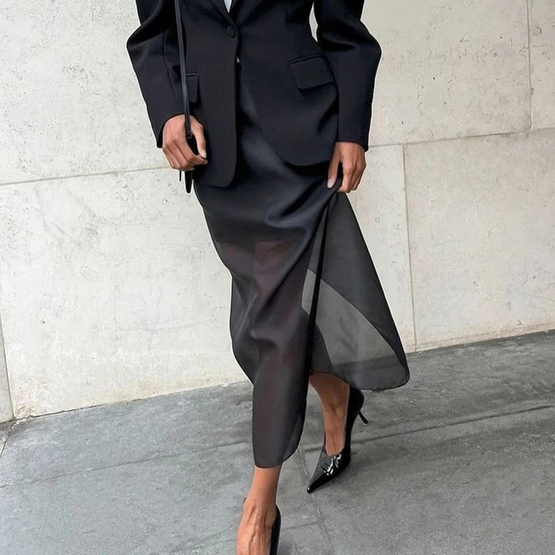 Black Mesh Skirts for Women Double-layer Design Sexy Perspective High Waist Slit Hip Skirt Female Thin Loose New Summer