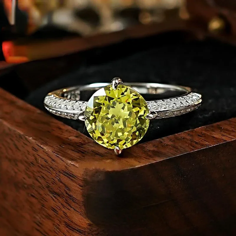 2-carat olive green 925 silver high carbon diamond ring round diamond daily light luxury, simple and versatile niche temperament