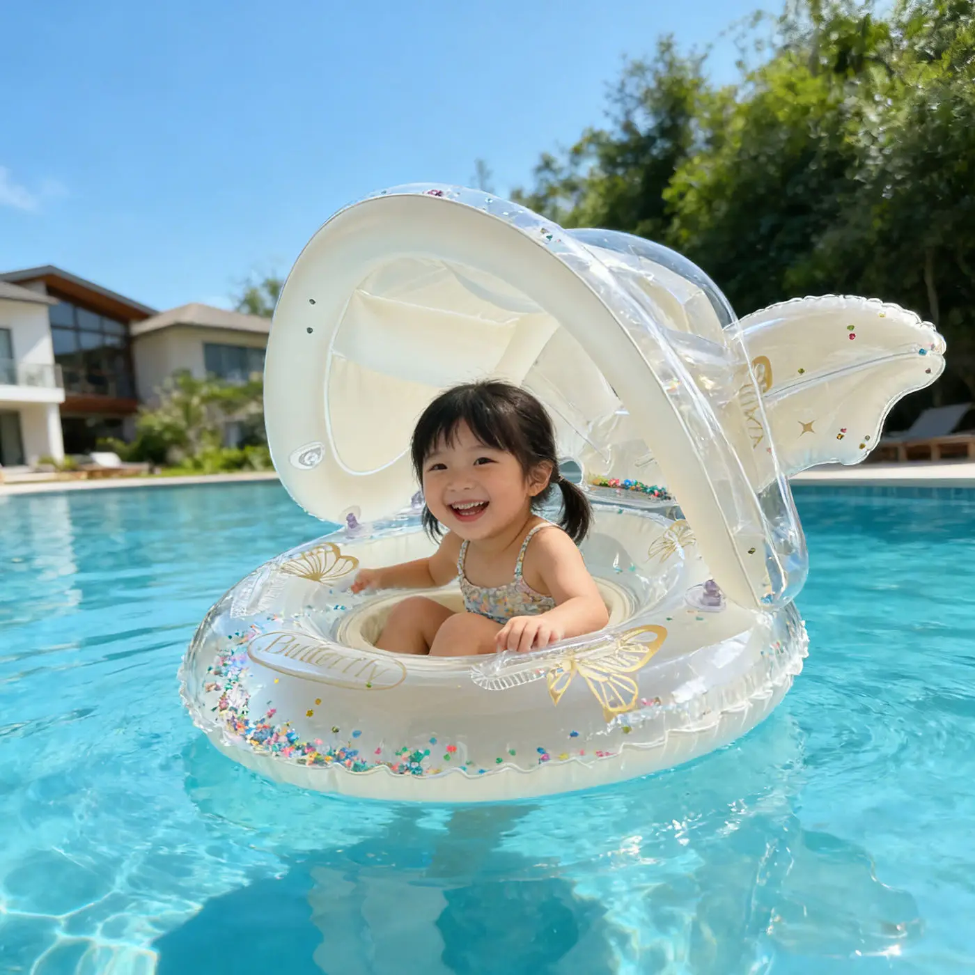 New ins butterfly sequins children's sunshade seat ring,  canopy anti-rollover swimming ring bright water sitting ring