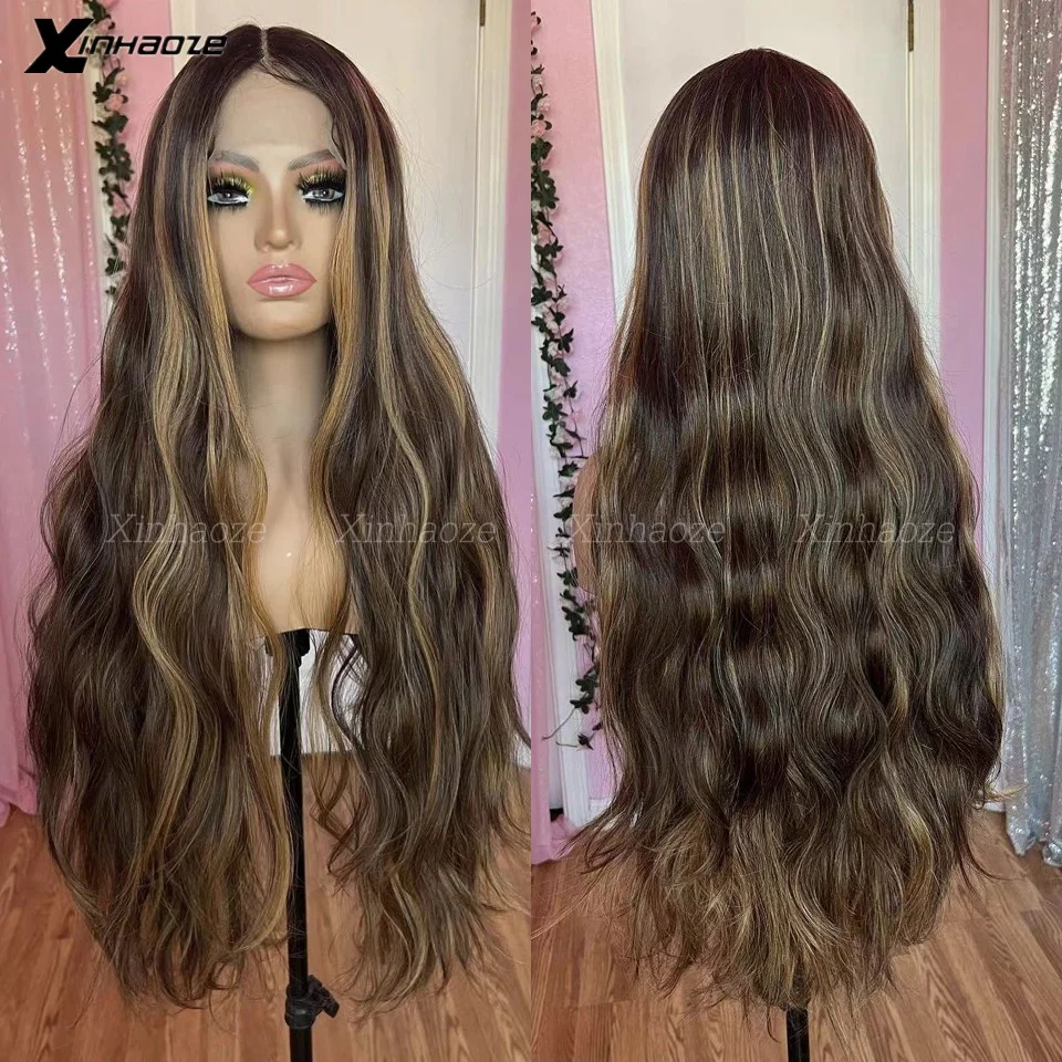 

Highlights Natural Wave Wig Glueless 13x6 Lace Front Wig Brown Wig with Blonde Stripe 5x5 Silk Top Human Hair Wigs For Women