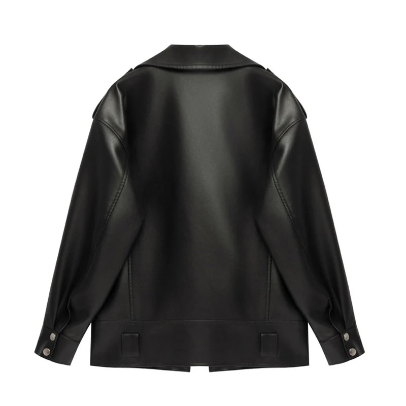 Neue koreanische Damen-Lederjacke im Motorrad-Stil, Hong Kong-Stil, PU, übergroßes Reißverschluss-Design, mittellanger, lockerer Ledermantel