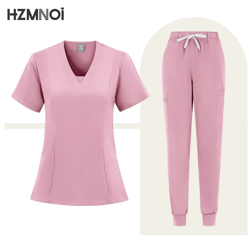 Scrub Set Uniform Nurse Workwear Nursing Top and Pant Women Men Solid Color Chlorine Bleach Resistance Heathered Working Suit